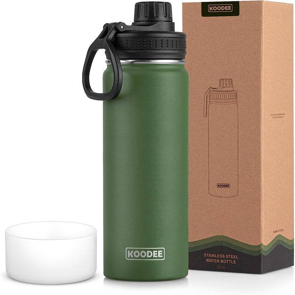 koodee Insulated Water Bottle, 22 oz Stainless Steel Double Wall Vacuum Wide Mouth Sport Bottle with Leakproof Spout Lid(Grass Green)